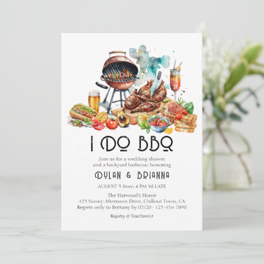 IK DOE BBQ Waterverf Achtertuin BBQ Bruiloft Douch Kaart (Staand voorkant)