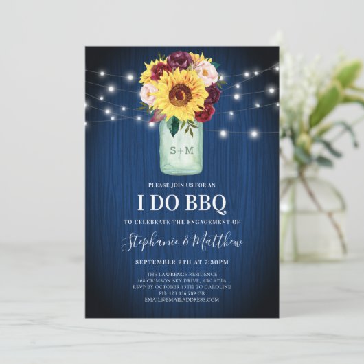 Ik doe BBQ Zonnebloem Mason Jar Blauwe Houten Lich Kaart (Staand voorkant)