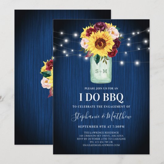 Ik doe BBQ Zonnebloem Mason Jar Blauwe Houten Lich Kaart (Voorkant / Achterkant)