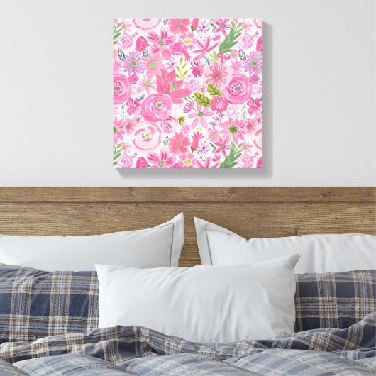 Ik doe een roze Waterverf Floral Patroon Canvas Afdruk (Insitu (Slaapkamer))