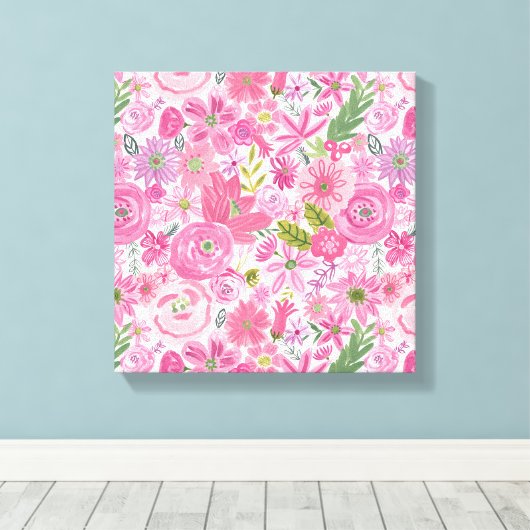 Ik doe een roze Waterverf Floral Patroon Canvas Afdruk (Insitu (Houten vloer))