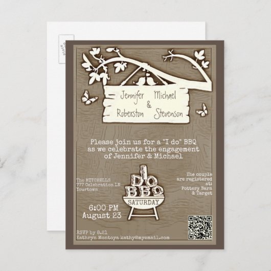Ik doe het | BBQ | Verloving Oude Fashioned QR Cod Uitnodiging Briefkaart (Voorkant / Achterkant)