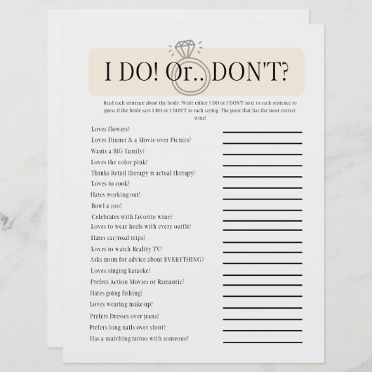 Ik doe of niet bruids spannende douche spel (Voorkant / Achterkant)