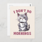 Ik doe 's ochtends niet - grijze kat met koffie briefkaart (Voorkant / Achterkant)