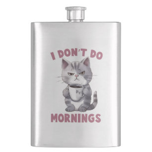 Ik doe 's ochtends niet - grijze kat met koffie flacon
