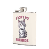 Ik doe 's ochtends niet - grijze kat met koffie heupfles (Links)