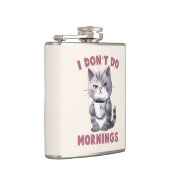 Ik doe 's ochtends niet - grijze kat met koffie heupfles (Rechts)