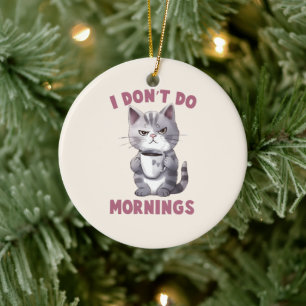 Ik doe 's ochtends niet - grijze kat met koffie keramisch ornament