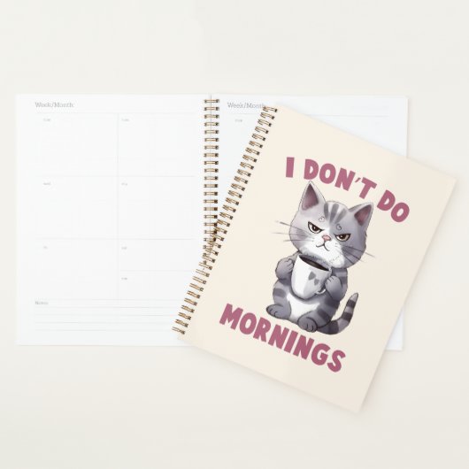 Ik doe 's ochtends niet - grijze kat met koffie planner (Display)
