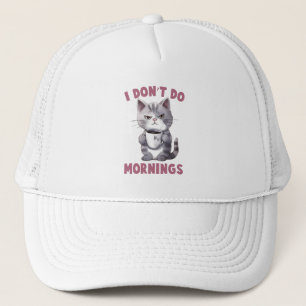 Ik doe 's ochtends niet - grijze kat met koffie trucker pet