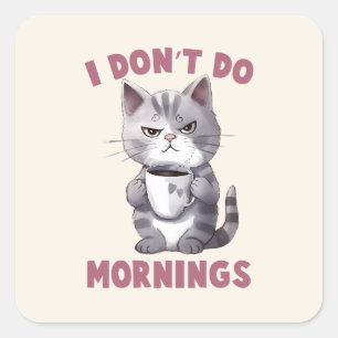 Ik doe 's ochtends niet - grijze kat met koffie vierkante sticker