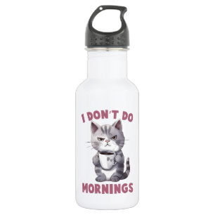 Ik doe 's ochtends niet - grijze kat met koffie waterfles 