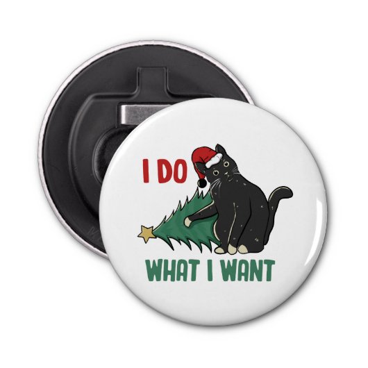 Ik doe wat ik wil kerst zwarte kat vakantie button flesopener (Voorkant)