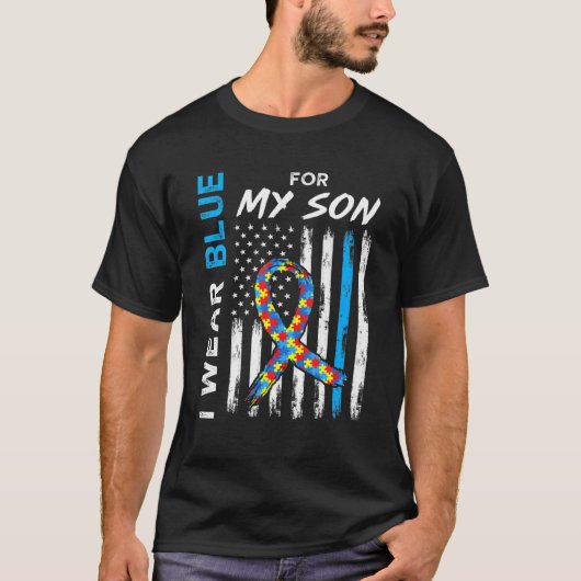 Ik Draag blauw voor mijn zoon Amerikaanse vlag Rib T-shirt (Voorkant)