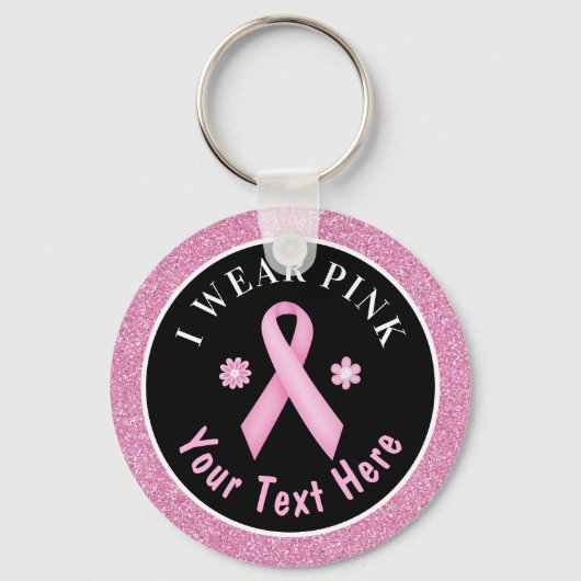 Ik Draag roze borstkankerwaarschuwing Glitter Keyc Sleutelhanger (Voorkant)