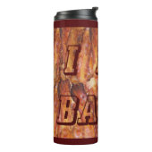 Ik eet bacontekst met achtergrond thermosbeker (Gedraaid links)