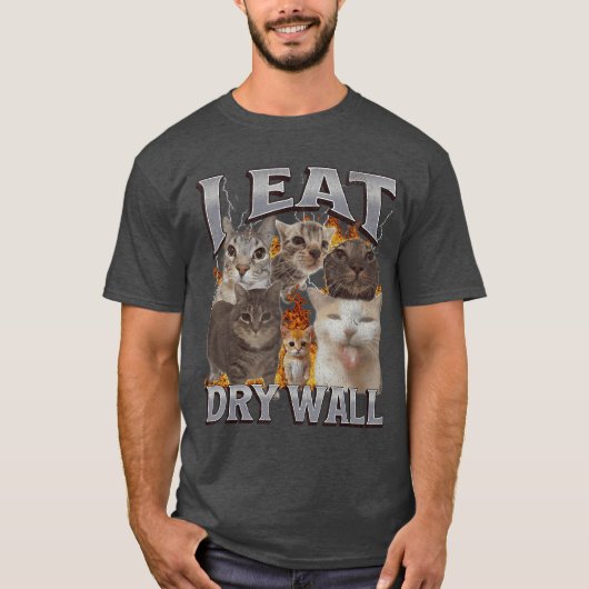 Ik eet droge muur grappige kat meme bootleg mannen t-shirt (Voorkant)