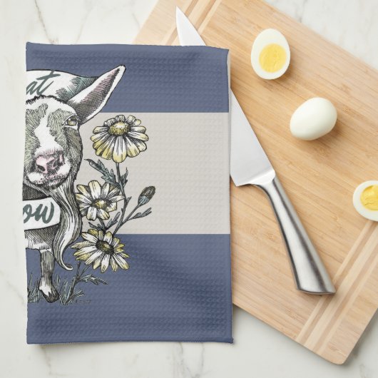 Ik eet Sorrow: Happy Goat and Daisies (strepen) Theedoek (Quarter Fold)