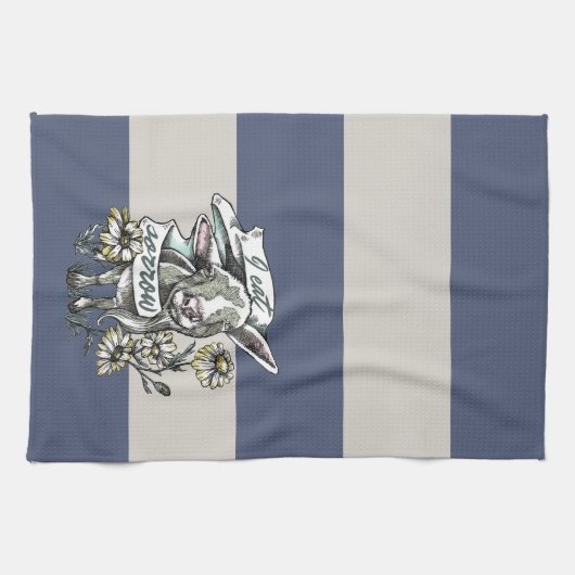 Ik eet Sorrow: Happy Goat and Daisies (strepen) Theedoek (Horizontaal)