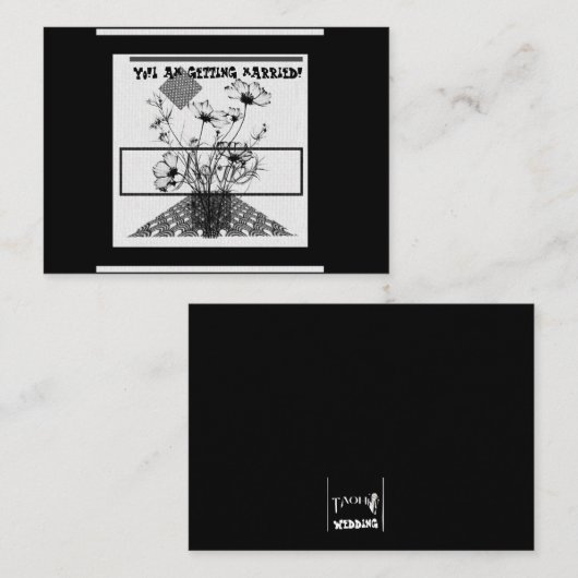 Ik ga trouwen met een zwarte en witte bloem informatiekaartje (Voorkant / Achterkant)