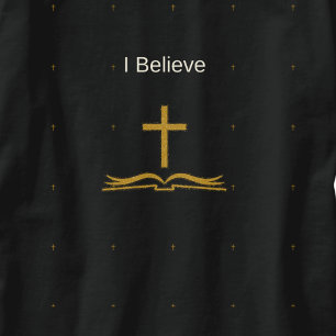Ik Geloof Gouden Kruis en Bijbel Inspirerend T-shirt