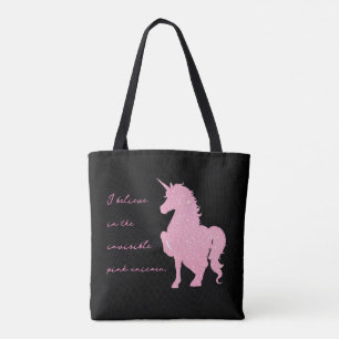 Ik geloof in de onzichtbare roze eenhoorn. tote bag