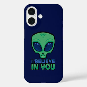 Ik geloof in je vriendelijke Cartoon Alien iPhone 16 Hoesje