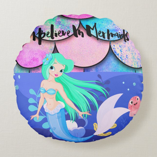 Ik geloof in Mermaids Sierkussen Rond Kussen (Voorkant)