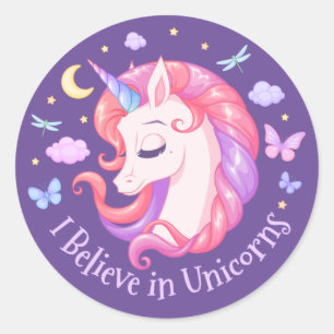 Ik geloof in Unicorns Paarse pasta Pony Girly Ronde Sticker