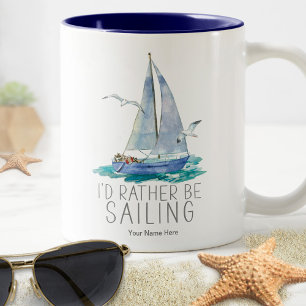 Ik ging liever zeilen Citaat - Aquarel Zeilboot Tweekleurige Koffiemok