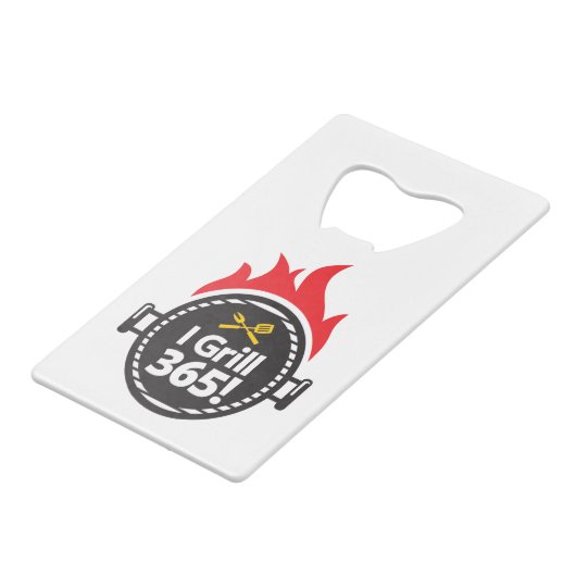 Ik Grill 365. Creditkaart Flessenopener (Voorkant Gekanteld)