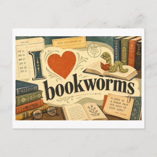 "Ik [Hart] Boekenwurmen" Briefkaart (Voorkant)