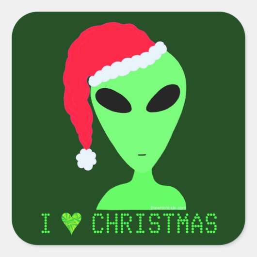 Ik Hart Kerstmis Alien in een Santa Hat Fun Decal Vierkante Sticker (Voorkant)