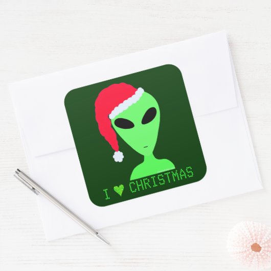 Ik Hart Kerstmis Alien in een Santa Hat Fun Decal Vierkante Sticker (Envelop)