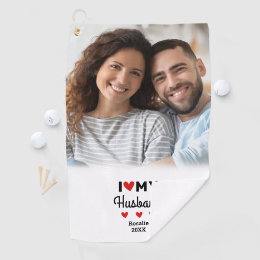 Ik Hart Mijn Man Foto Fun Golfer Modern Custom Golfhanddoek (Insitu)