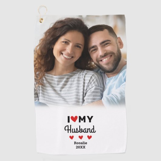 Ik Hart Mijn Man Foto Fun Golfer Modern Custom Golfhanddoek (Voorkant)