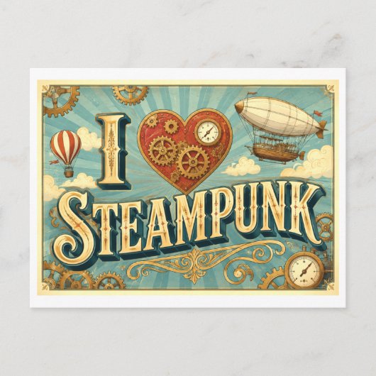 "Ik [Hart] Steampunk" Briefkaart (Voorkant)