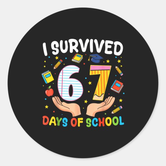 Ik heb 67 dagen school overleefd Grappige meme ler Ronde Sticker (Voorkant)