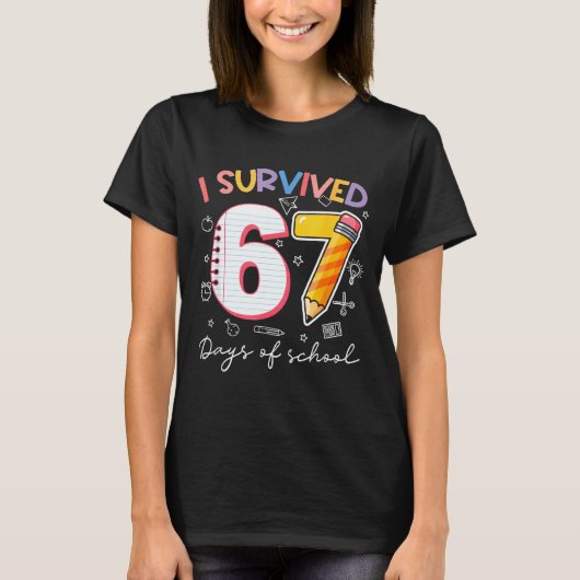 Ik heb 67 dagen school overleefd Grappige meme ler T-shirt (Voorkant)