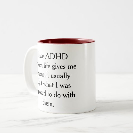 Ik heb ADHD grappig citaat Tweekleurige Koffiemok (Voorkant links)