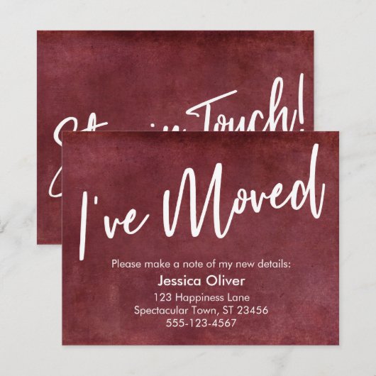 "Ik heb bewogen" Typografie Grunge Red Aankondigin Kaart (Voorkant / Achterkant)