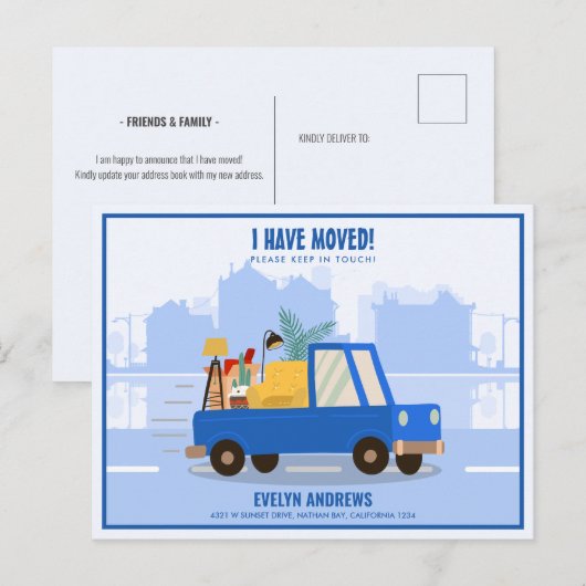 Ik heb de blauwe auto verplaatst terwijl ik onderw aankondigingskaart (Voorkant / Achterkant)