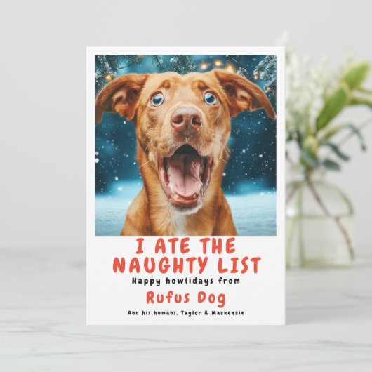 Ik heb de Naughty List Dog kerstfoto opgegeten Feestdagenkaart (Staand voorkant)