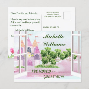 Ik heb een budget Fun Waterverf Castle Moving Aankondigingskaart