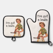 Ik heb een mes sarcastische retro huisvrouw ovenwant & pannenlap set (Voorkant)