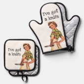 Ik heb een mes sarcastische retro huisvrouw ovenwant & pannenlap set (Voorkant / Achterkant)