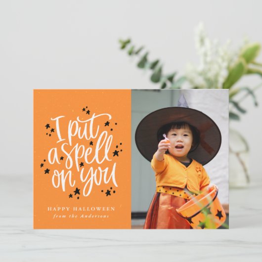 Ik heb een spreuk op je Oranje Halloween-fotokaart (Staand voorkant)
