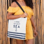 Ik heb een vitamine Zee marine en witte neusstreep Tote Bag<br><div class="desc">Heb je een dosis nodig van wat alleen de oceaan kan bieden? Onze gestreepte canvas tas is perfect voor je strandwerk,  vakantie of zomervakantie. In het ontwerp staat de quote "I need Vitamin Zee" in blauw jachtletterschrift met een ankertekening en een zeemijlgrens onderaan.</div>