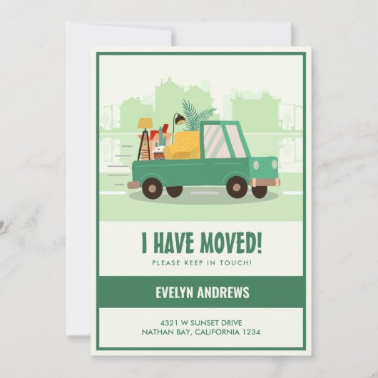 Ik heb groene auto op de weg verplaatst bewegend aankondiging (Voorkant)