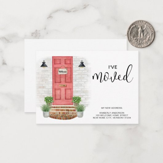 Ik heb het nieuwe adres Waterverf Rode voordeur ve Notitiekaartje (Voorkant / Achterkant in situ)